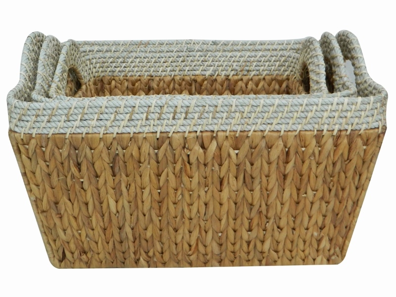 Premium Water Hyacinth Storage Baskets with Rope Rim - Handwoven Rectangular Nesting Set